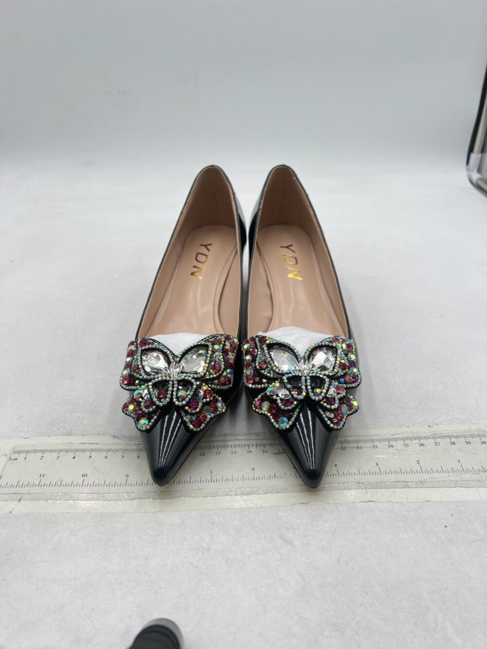 YDN Black Pointed Toe Bow Pump Colorful Rhinestone Block Low Heel Butterfly Shoe - Picture 3 of 8